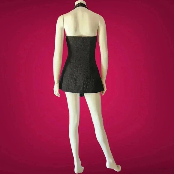 Vintage 80s Embossed Black Satin Halter Top / Mini Dress M - Picture 7 of 10